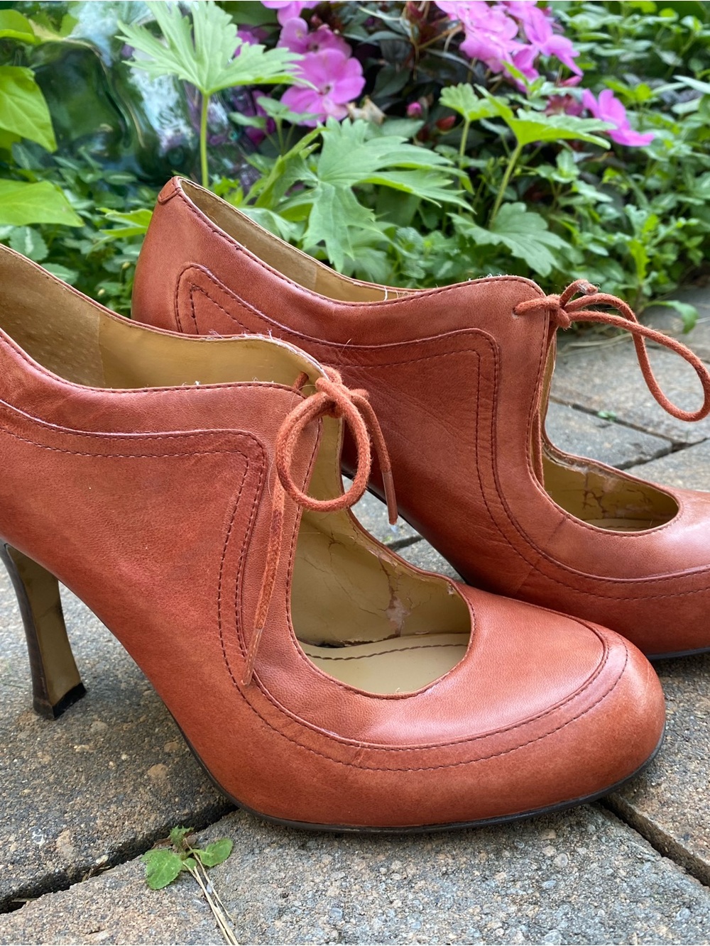 Nine West Heeled Lace Tie Leather Pump in Burnt Orange, 7.5 Summer Sale